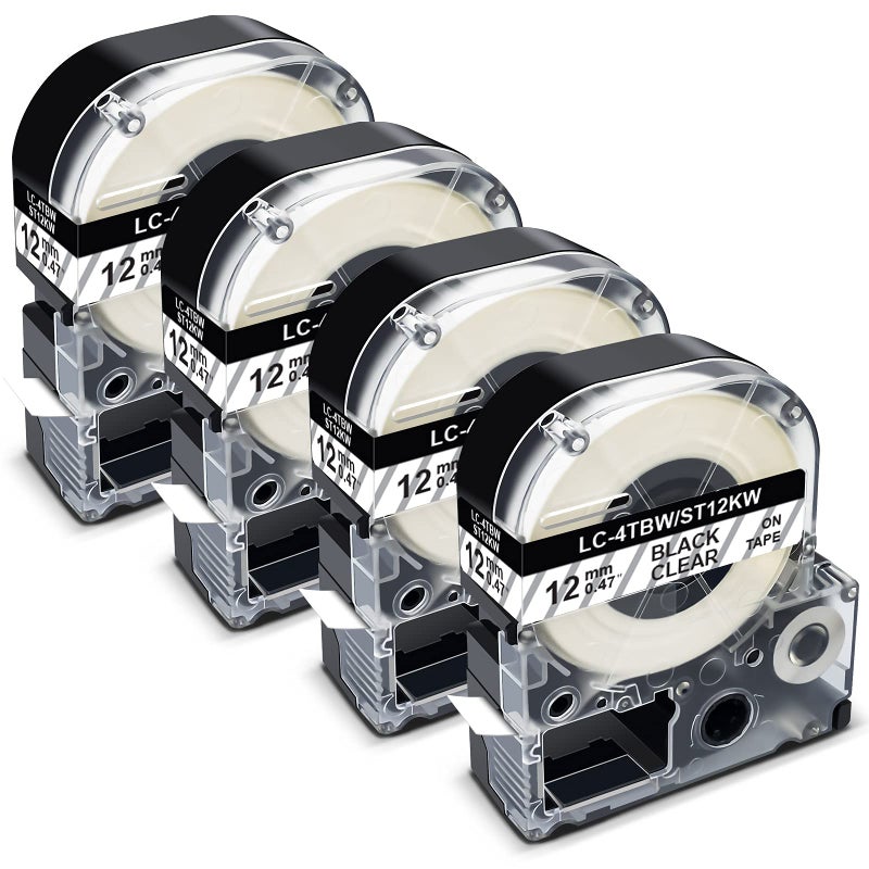 Pristar Compatible Label Tape Replacement for LC-4TBN LK-4TBN ST12KW 12mm 1/2 Inch Black on Clear Refills Label Tape Cartridge for Epson LabelWorks LW300 LW400 LW600P LW700 LW-900P Label Maker, 4-Pack - Image 1